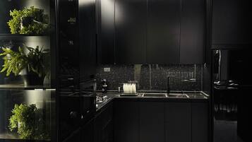 Full-sized fridge, microwave, stovetop, electric kettle
