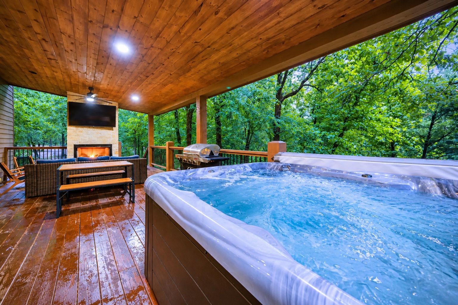 A hot tub and outdoor seating area with a fireplace.