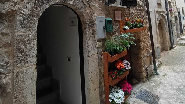 Un bâtiment en pierre doté d’une entrée en arc de cercle, d’une jardinière en bois et d’un coffret électrique apparent.