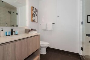 Hair dryer, towels, soap, shampoo