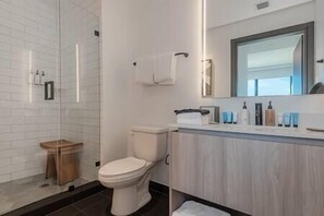 Hair dryer, towels, soap, shampoo