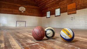 Un gimnasio interior con techo de madera, aro de baloncesto y tres balones (baloncesto, fútbol y voleibol) en el suelo.