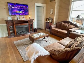 Smart TV, fireplace, books, music library