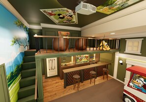 A children's playroom with a slide, a play kitchen, and cartoon character decorations. - Voyage Grand 14 BD/ 15.5 BA/ Paradiso Grande (6091 HS) (Orlando)