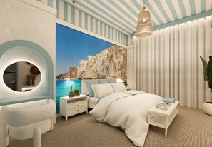 A bedroom with a bed, bedside tables, a mirror, a hanging light fixture, and a wall with a coastal mural.