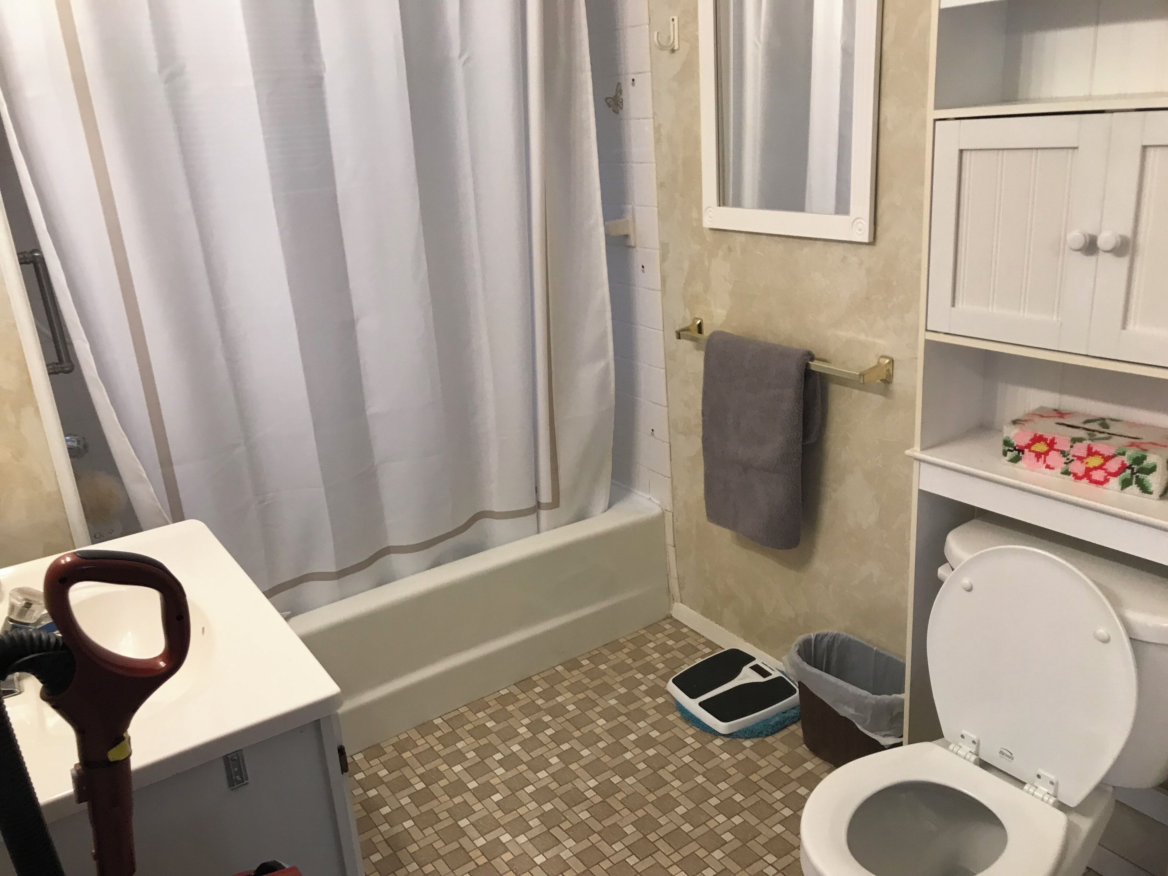 A bathroom with a shower curtain, a towel rack, a toilet, a bidet, and a small shelf with a floral item.