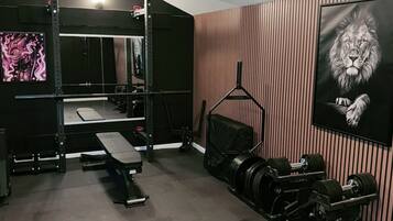 Ein Heimfitnessraum mit Squat-Rack, Langhantelbank und verschiedenen Gewichten.