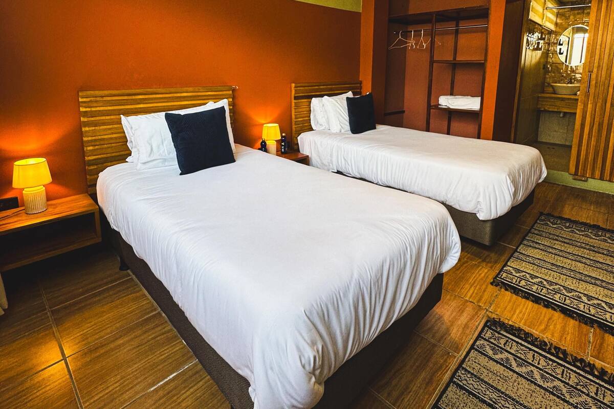 Une chambre d’hôtel avec deux lits simples, des têtes de lit en bois, une table de chevet avec une lampe, un miroir et une armoire.