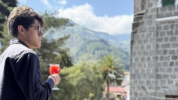 A person on a balcony with a laptop and a glass of red drink, overlooking a mountainous landscape.