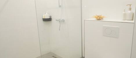 Shower, hair dryer, towels, toilet paper