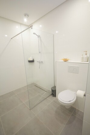 Shower, hair dryer, towels, toilet paper