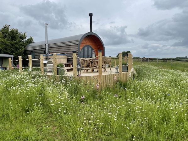A rustic wooden structure with a chimney, surrounded by a wooden deck and rope barrier, set in a field of white flowers.