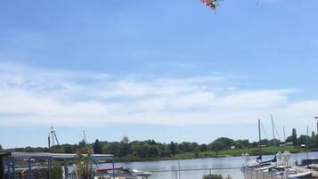 A pool area with a view of a lake and boats, surrounded by a fence and potted plants.