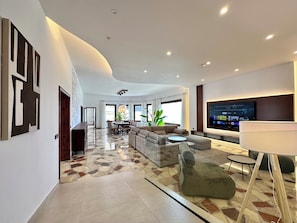 Deluxe Villa, 5 Bedrooms, Patio, Garden View | Living room | 70-inch Smart TV with cable channels, fireplace - GOLF SEA&POOL CACTUS VILLA (Buenavista del Norte)