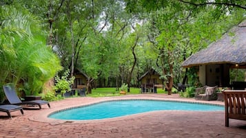 A pool area with lounge chairs, a thatched-roof structure, and surrounding greenery.