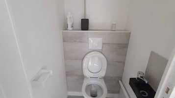 Secadora de cabello, toallas, jabón, papel de baño