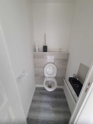 Hair dryer, towels, soap, toilet paper
