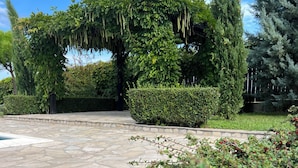 Un chemin de pierres mène à un jardin où poussent différentes espèces de plantes, et une pergola est recouverte de vignes retombantes.