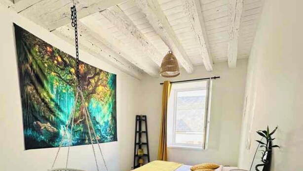 A modern room with a bed, a hanging chair, a painting, and a window. - New, modern, fully-equipped home (La Ferté-Saint-Cyr)