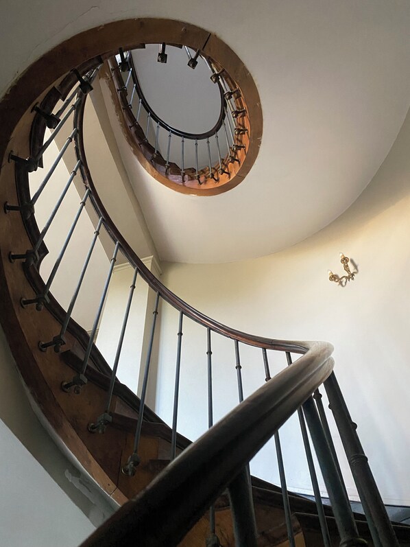 A spiral staircase with a wooden handrail and metal balusters.