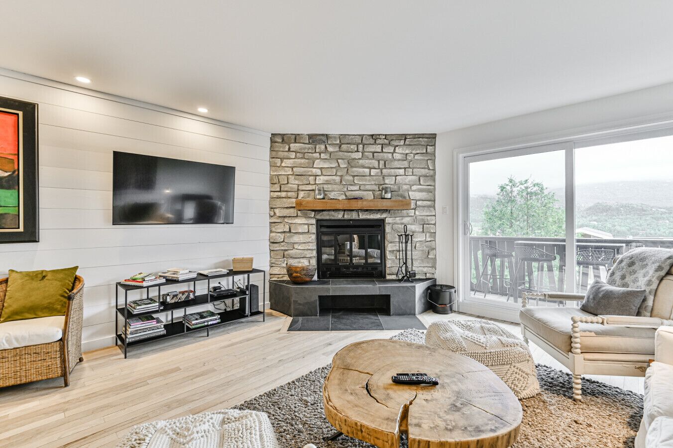 Smart TV, fireplace, books