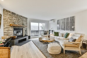 Smart TV, fireplace, books