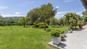 Un jardín bien cuidado con diversos árboles y arbustos, un camino pavimentado y vistas a colinas distantes.
