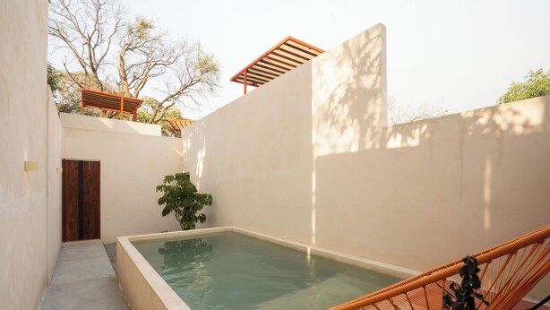 Un petit espace extérieur avec une piscine, une terrasse en bois, une chaise longue et un pot de fleurs.