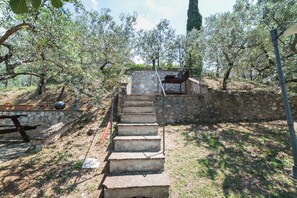 A stone staircase leading up to a stone wall with a grill and seating area, surrounded by olive trees. - Apartment in a rural village with a pool, a 20-minute drive from Assisi (Trevi)