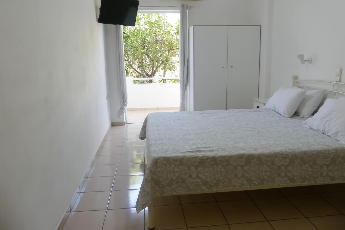 A bedroom with a bed, a wardrobe, a television, and a view of greenery outside.