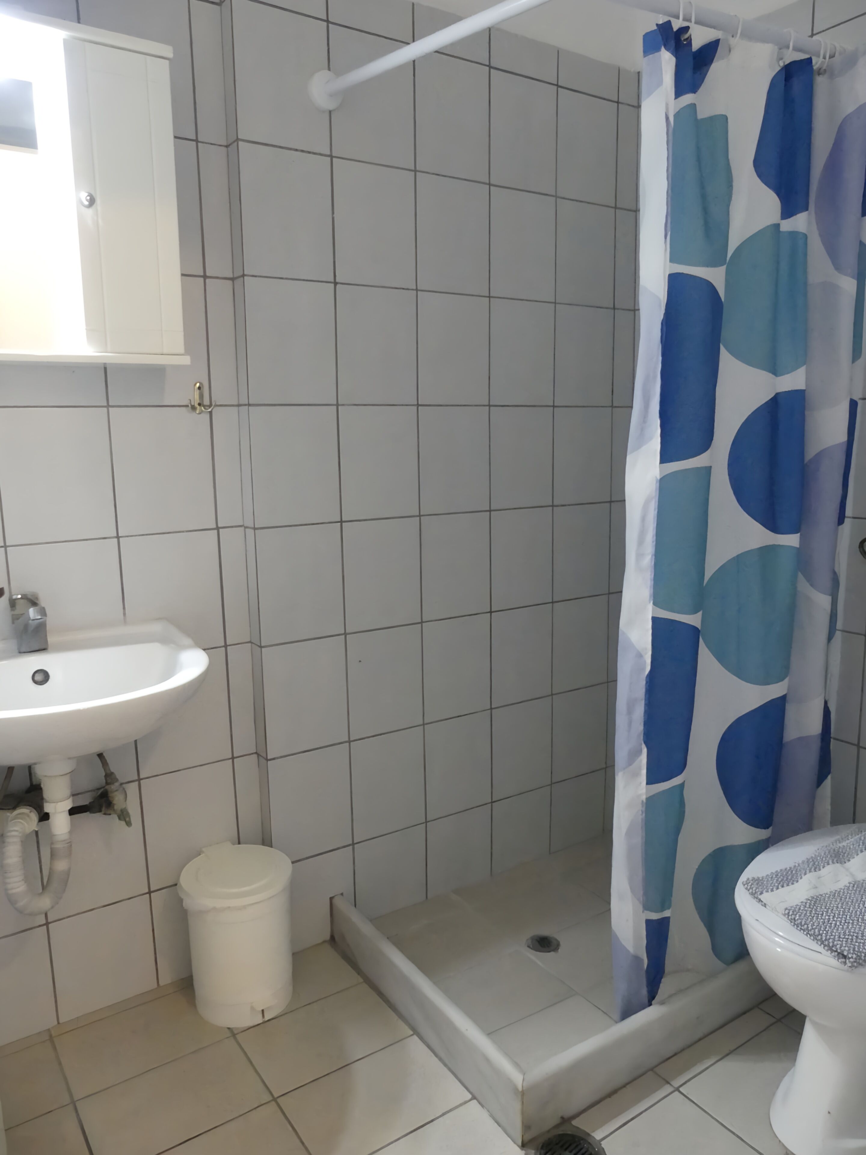 A bathroom with a white sink, a toilet, a shower with a blue and white curtain, and a white trash bin.