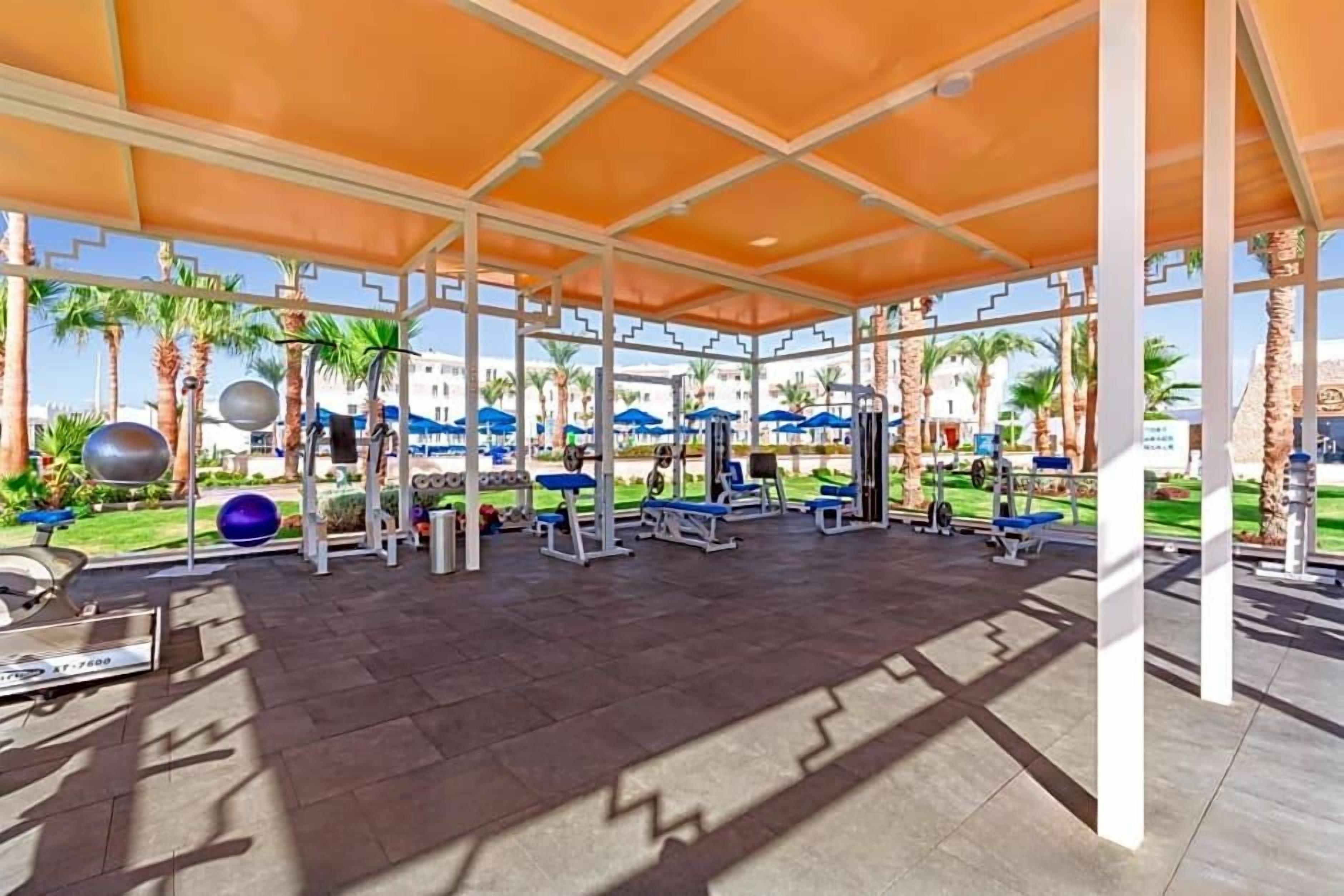 Zona de gimnasio al aire libre con equipo de ejercicio, un área de descanso cubierta y palmeras al fondo.