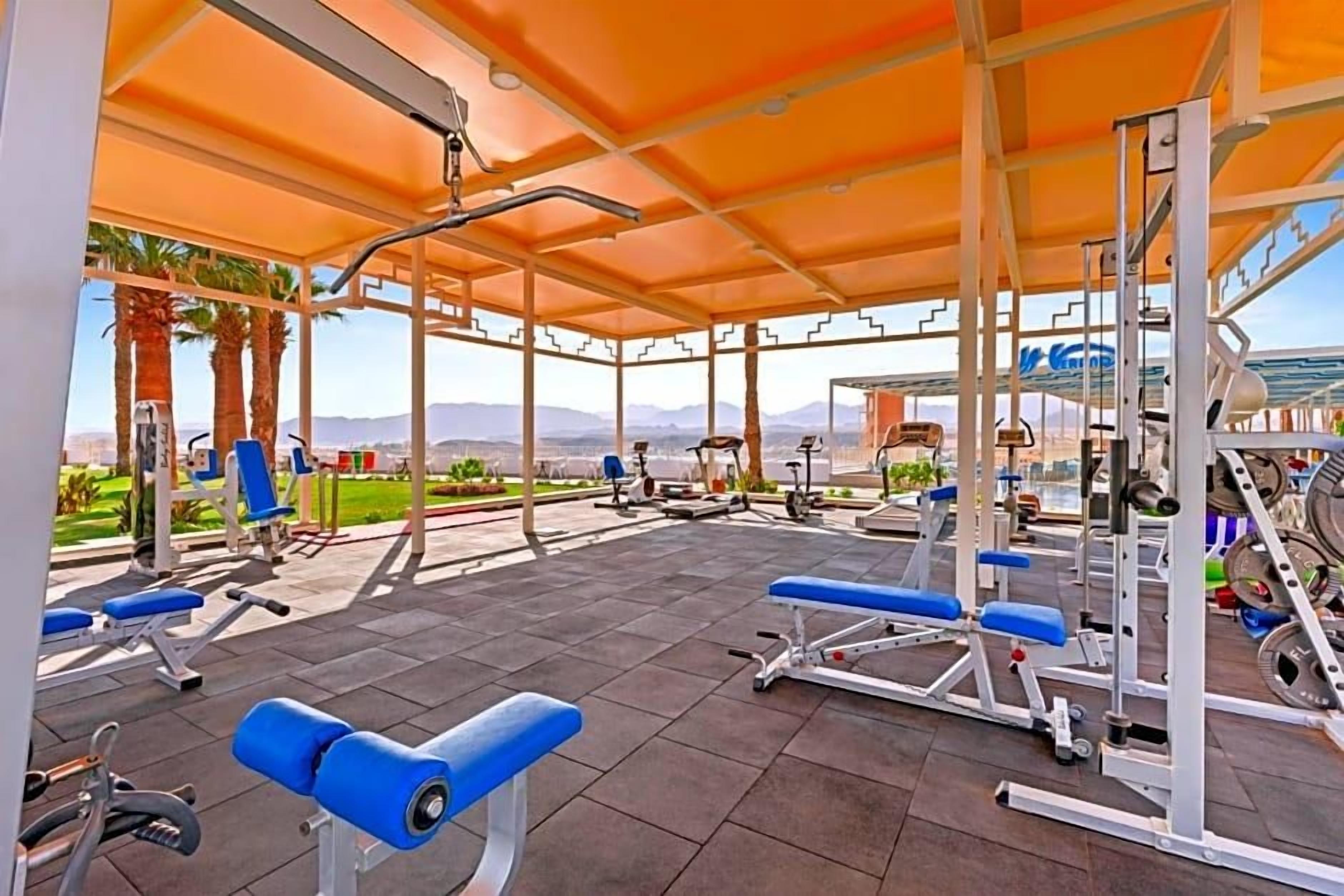 An outdoor gym with various exercise equipment, including benches and weight machines, under a covered area with a view of mountains.