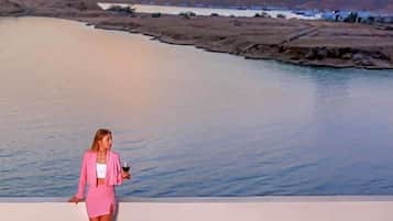 A woman in a pink suit standing by a table with a view of a river and mountains in the background.