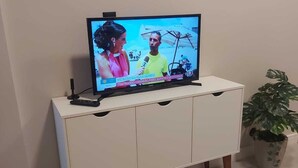 A television on a white cabinet with a plant beside it.