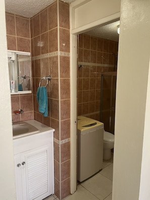 Hair dryer, towels, soap, toilet paper