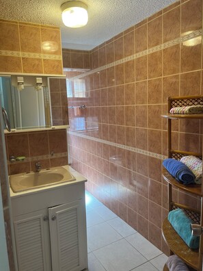 Hair dryer, towels, soap, toilet paper