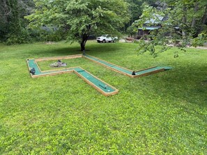 Une pelouse avec un terrain de croquet.