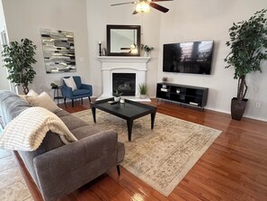 Ein Wohnzimmer mit Kamin, Flachbildfernseher, Sofa, Couchtisch und zwei Zimmerpflanzen.