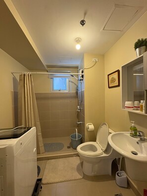 Hair dryer, bidet, towels, soap