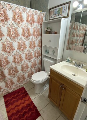 Hair dryer, towels, soap, toilet paper