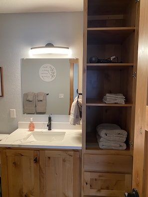 Hair dryer, towels, soap, toilet paper