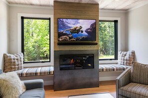 Smart TV, caminetto, studio, monitor per computer