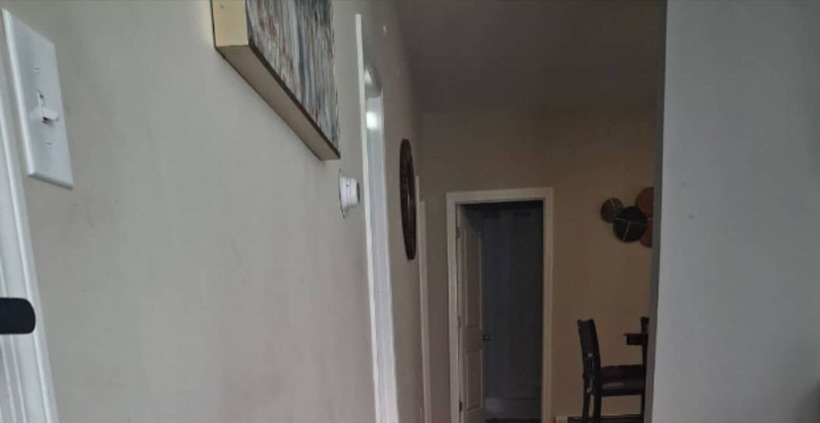 Un couloir avec une porte, un interrupteur fixé au mur et un tableau encadré.