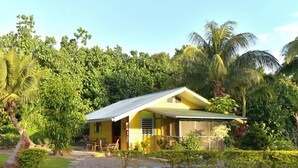 Una casa amarilla con techo inclinado, rodeada de exuberante vegetación y palmeras.