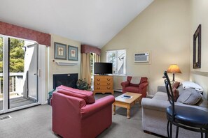 A living room with a fireplace, a television, a sofa, a chair, and a lamp. - Traverse City/Horse show/Hiking (Williamsburg)