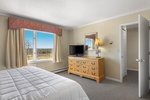 A bedroom with a bed, a dresser, a television, a lamp, and a window with curtains. - Traverse City/Horse show/Hiking (Williamsburg)