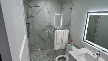 Shower, towels, soap, toilet paper