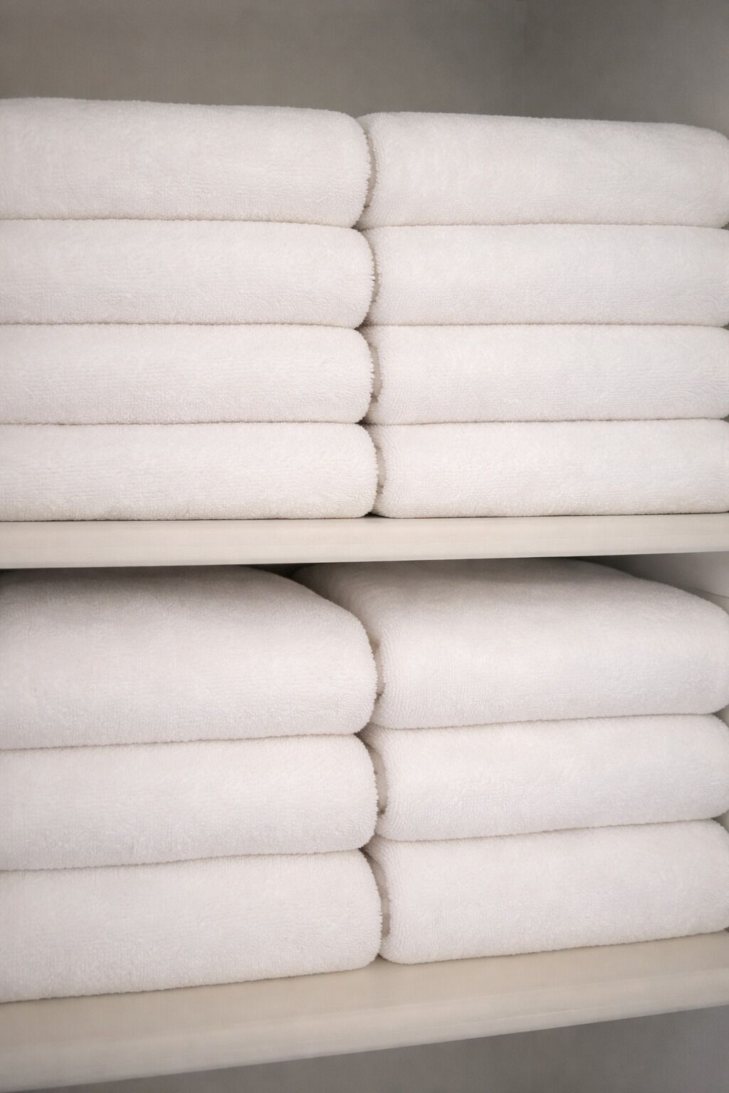 Neatly stacked white towels on shelves.