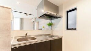 Deluxe appartement, uitzicht op stad | Privékeuken | Een koelkast/vriezer, een magnetron, een kookplaat, een waterkoker